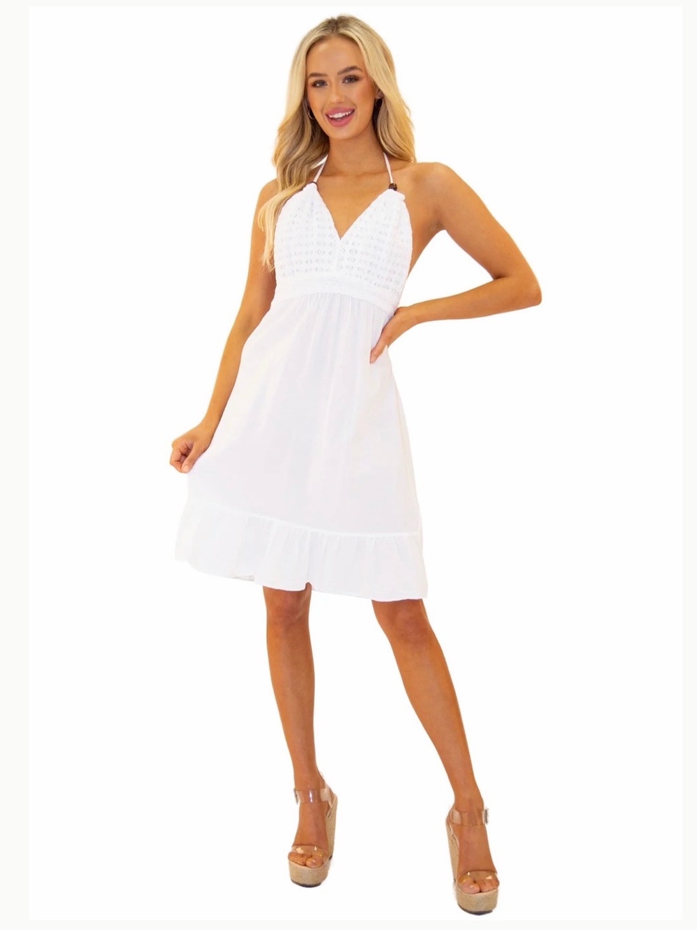 SeaSpice White 'ATHENA' CROCHET BUST MINI HALTER SUNDRESS - size Medium-NWT